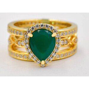 Genuine 2.56 Cts Green Onyx & W/Sapphire Set 3 Ring 14k Gold Plated (.925)